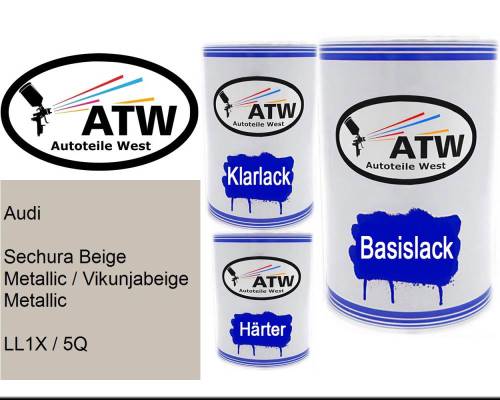 Audi, Sechura Beige Metallic / Vikunjabeige Metallic, LL1X / 5Q: 500ml Lackdose + 500ml Klarlack + 250ml Härter - Set, von ATW Autoteile West.